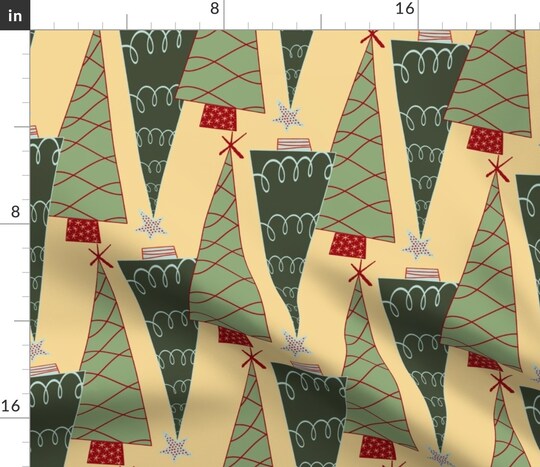 Christmas Trees Retro Winter Xmas Hand Drawn Green Spruce Modern Festive Custom Printed Fabric by Spoonflower Various Fabrics by the Yard or Fat Quarter